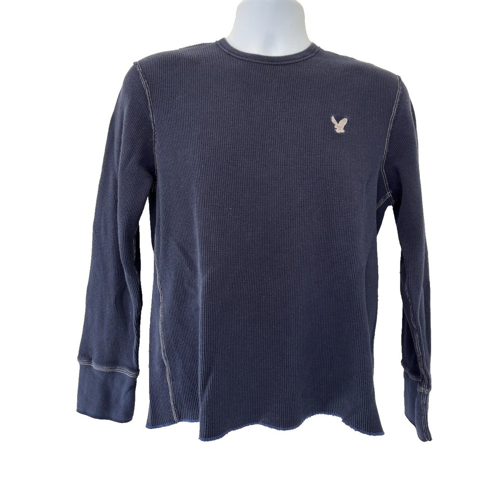 American Eagle Thermal AEO Henley Large Blue Waffle Knit Grunge Y2K VTG fit